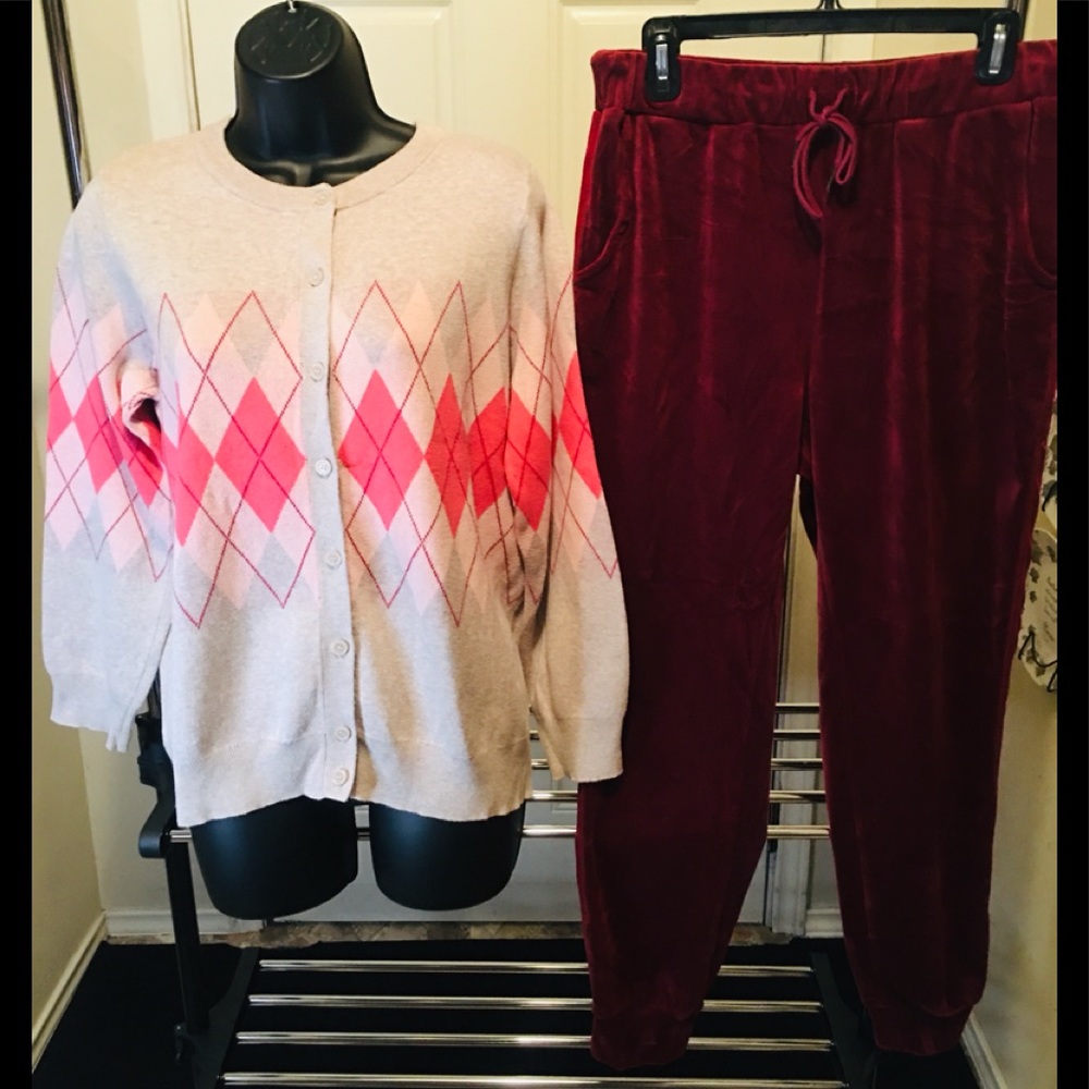 Woman’s Within-Pink/ Crimson Argyle Sweater with matching Crimson Jogger